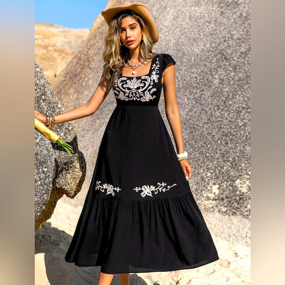 SHEIN Embroidery Square Neck Ruffle Hem Maxi Dress